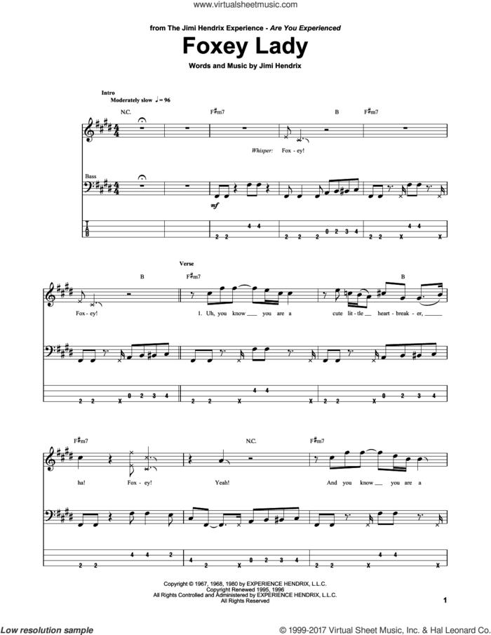 Foxey Lady sheet music for bass (tablature) (bass guitar) by Jimi Hendrix, intermediate skill level
