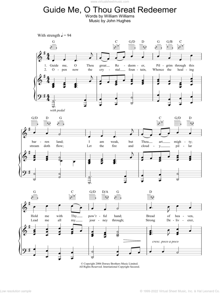 Guide Me, O Thou Great Redeemer sheet music for voice, piano or guitar by William Williams and John Hughes, intermediate skill level
