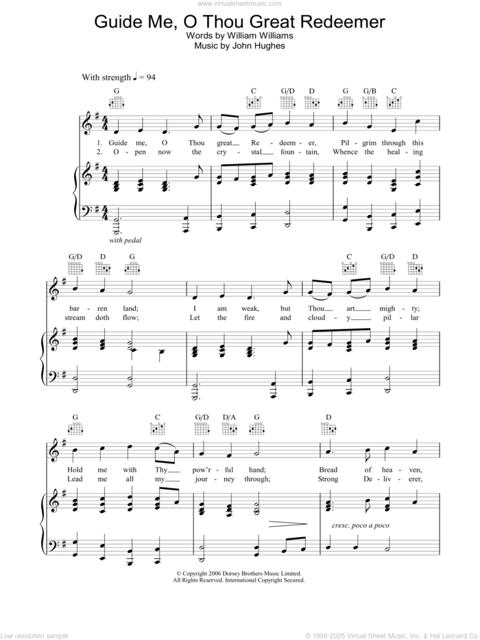 Guide Me, O Thou Great Redeemer sheet music for voice, piano or guitar by William Williams and John Hughes, intermediate skill level