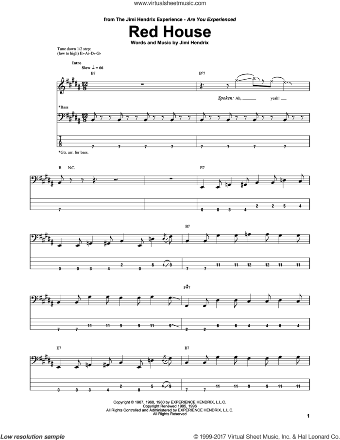 Red House sheet music for bass (tablature) (bass guitar) by Jimi Hendrix, intermediate skill level