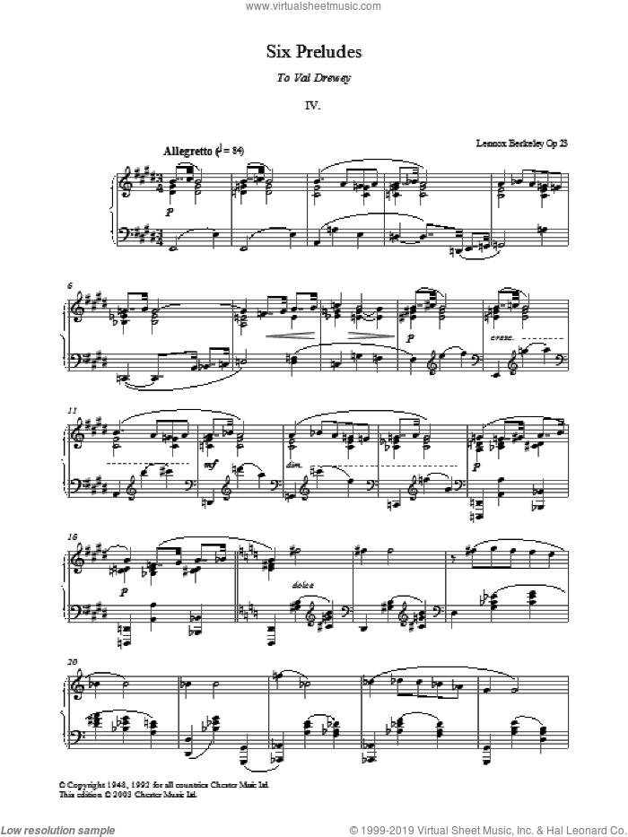 Prelude No. 4 (from Six Preludes) sheet music for piano solo by Lennox Berkeley, classical score, intermediate skill level