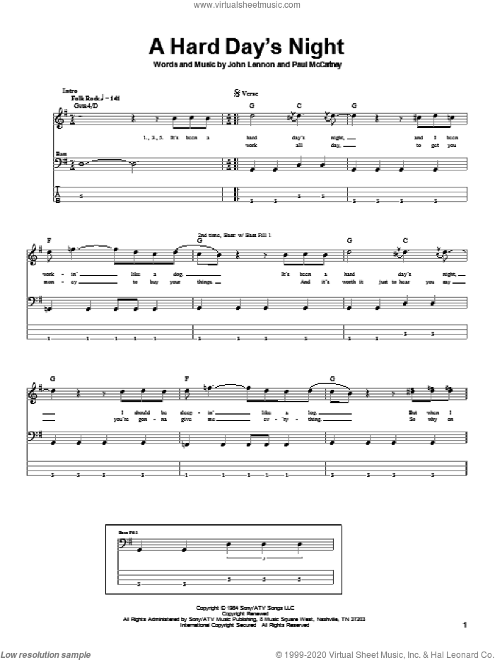 A Hard Day's Night sheet music for bass (tablature) (bass guitar) by The Beatles, John Lennon and Paul McCartney, intermediate skill level