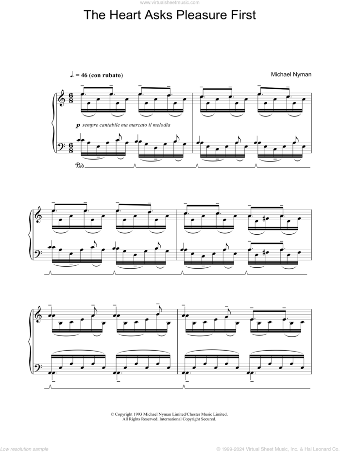 The Heart Asks Pleasure First: The Promise / The Sacrifice sheet music for piano solo by Michael Nyman and The Piano (Movie), intermediate skill level