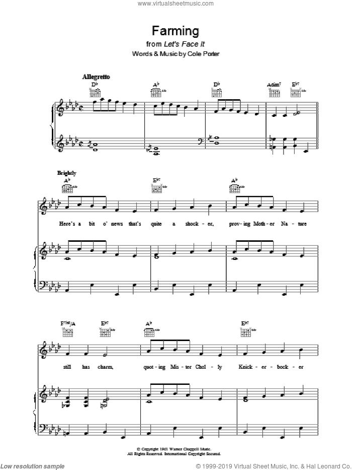 Farming sheet music for voice, piano or guitar by Cole Porter, intermediate skill level