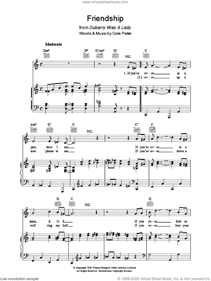 Friendship sheet music for voice, piano or guitar by Cole Porter, intermediate skill level