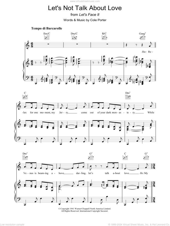 Let's Not Talk About Love sheet music for voice, piano or guitar by Cole Porter, intermediate skill level
