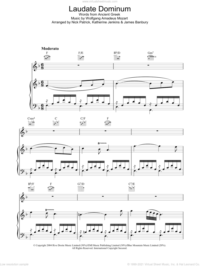 Laudate Dominum sheet music for voice, piano or guitar by Katherine Jenkins, James Banbury, Nick Patrick and Wolfgang Amadeus Mozart, classical score, intermediate skill level
