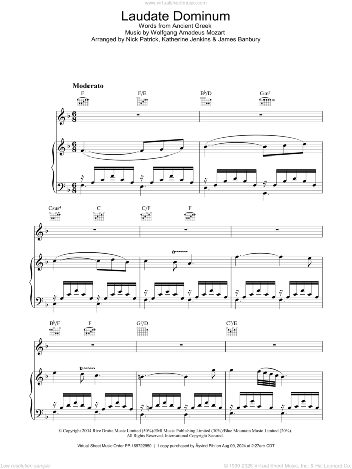 Laudate Dominum sheet music for voice, piano or guitar by Katherine Jenkins, James Banbury, Nick Patrick and Wolfgang Amadeus Mozart, classical score, intermediate skill level