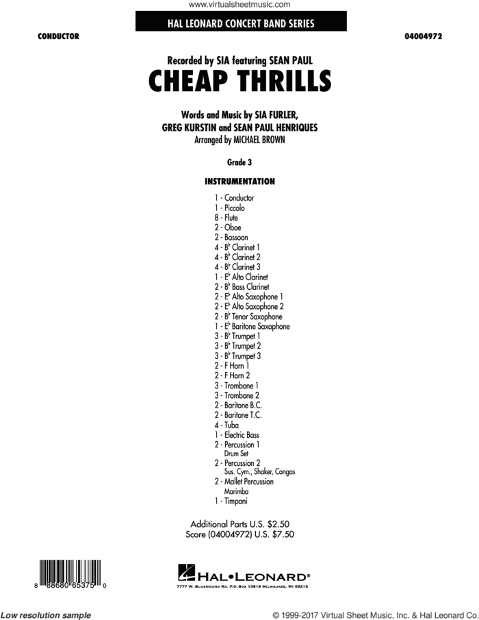 Cheap Thrills (COMPLETE) sheet music for concert band by Michael Brown, Greg Kurstin, Sia feat. Sean Paul and Sia Furler, intermediate skill level