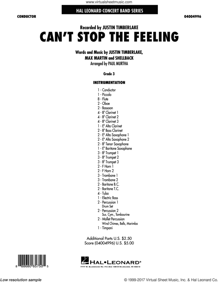 Can't Stop the Feeling (COMPLETE) sheet music for concert band by Max Martin, Johan Schuster, Justin Timberlake, Paul Murtha and Shellback, intermediate skill level