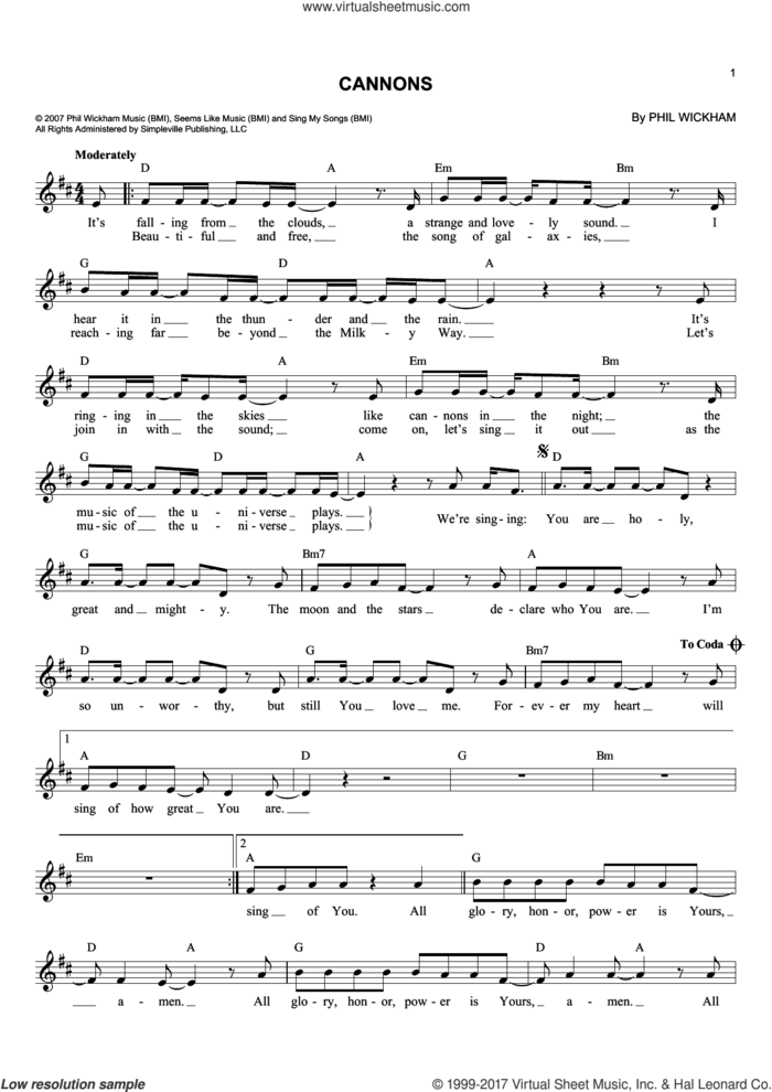 Cannons sheet music for voice and other instruments (fake book) by Phil Wickham, intermediate skill level