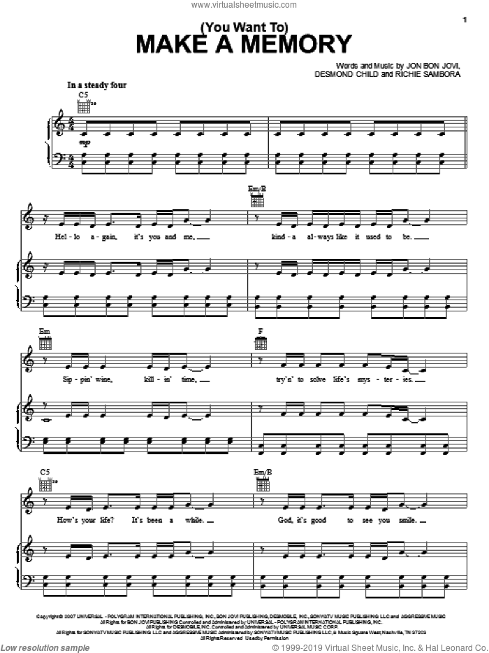 (You Want To) Make A Memory sheet music for voice, piano or guitar by Bon Jovi, Desmond Child and Richie Sambora, intermediate skill level