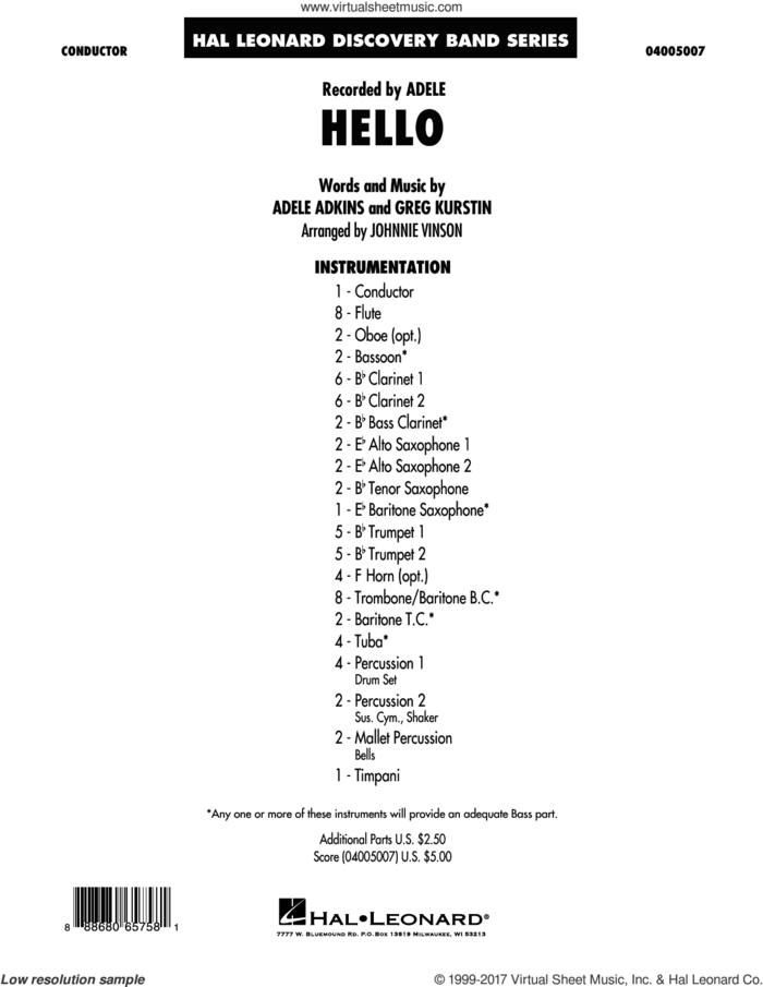 Hello (COMPLETE) sheet music for concert band by Adele, Adele Adkins, Greg Kurstin and Johnnie Vinson, intermediate skill level