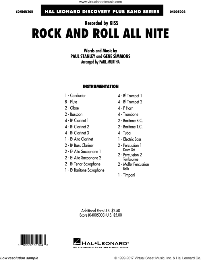 Rock and Roll All Nite (COMPLETE) sheet music for concert band by Paul Murtha, Gene Simmons, KISS and Paul Stanley, intermediate skill level