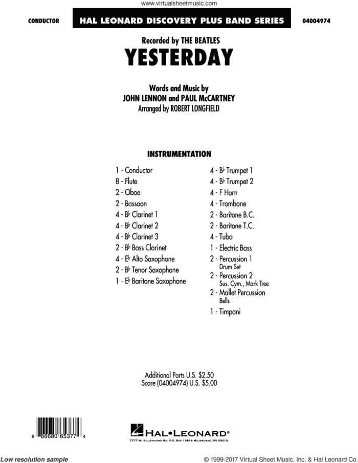 Yesterday (COMPLETE) sheet music for concert band by The Beatles, John Lennon, Paul McCartney and Robert Longfield, intermediate skill level