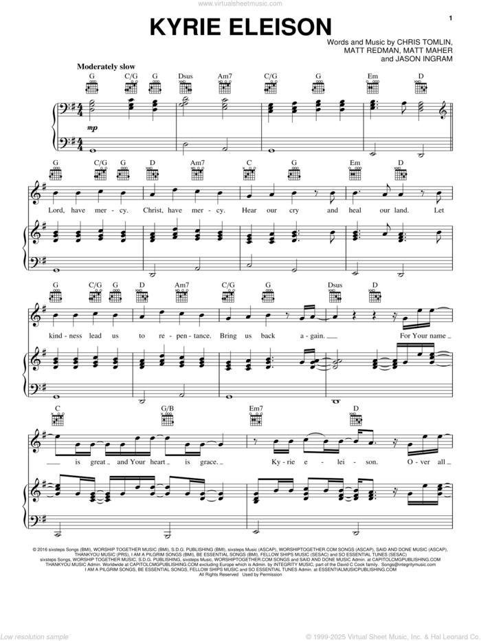 Kyrie Eleison sheet music for voice, piano or guitar by Chris Tomlin feat. Matt Maher and Matt Redman and Jason Ingram, Chris Tomlin, Jason Ingram, Matt Maher and Matt Redman, intermediate skill level