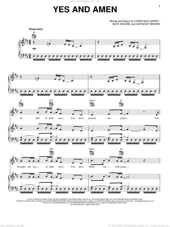 Yes And Amen sheet music for voice, piano or guitar by Chris Tomlin, Anthony Brown, Chris McClarney and Nate Moore, intermediate skill level