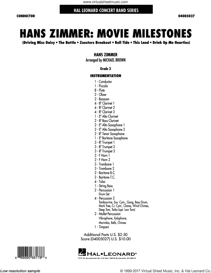 Hans Zimmer: Movie Milestones (COMPLETE) sheet music for concert band by Michael Brown and Hans Zimmer, intermediate skill level