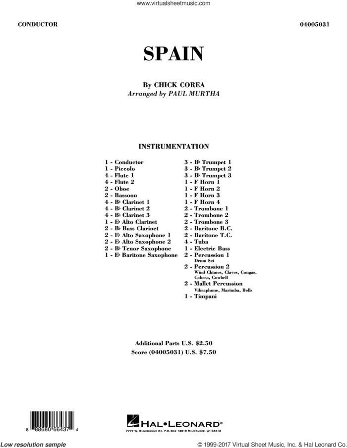 Spain (COMPLETE) sheet music for concert band by Paul Murtha and Chick Corea, intermediate skill level