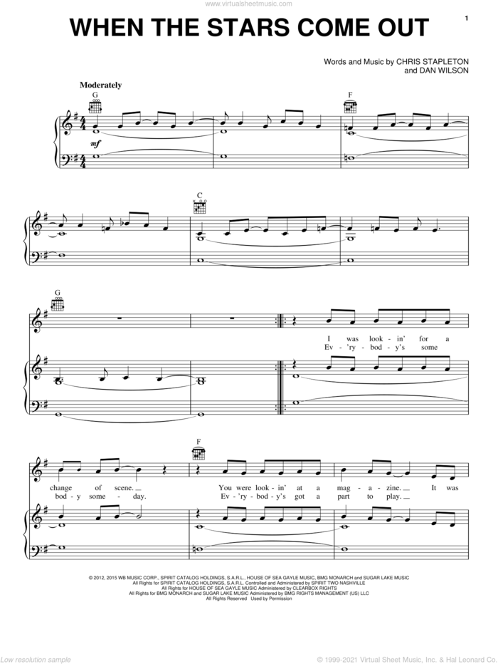 When The Stars Come Out sheet music for voice, piano or guitar by Chris Stapleton and Dan Wilson, intermediate skill level