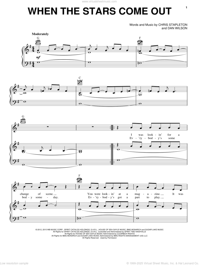 When The Stars Come Out sheet music for voice, piano or guitar by Chris Stapleton and Dan Wilson, intermediate skill level