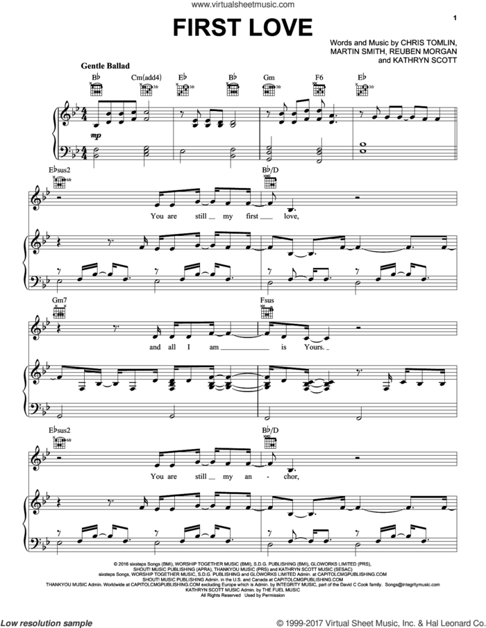 First Love sheet music for voice, piano or guitar by Chris Tomlin feat. Kim Walker-Smith, Chris Tomlin, Kathryn Scott, Martin Smith and Reuben Morgan, intermediate skill level