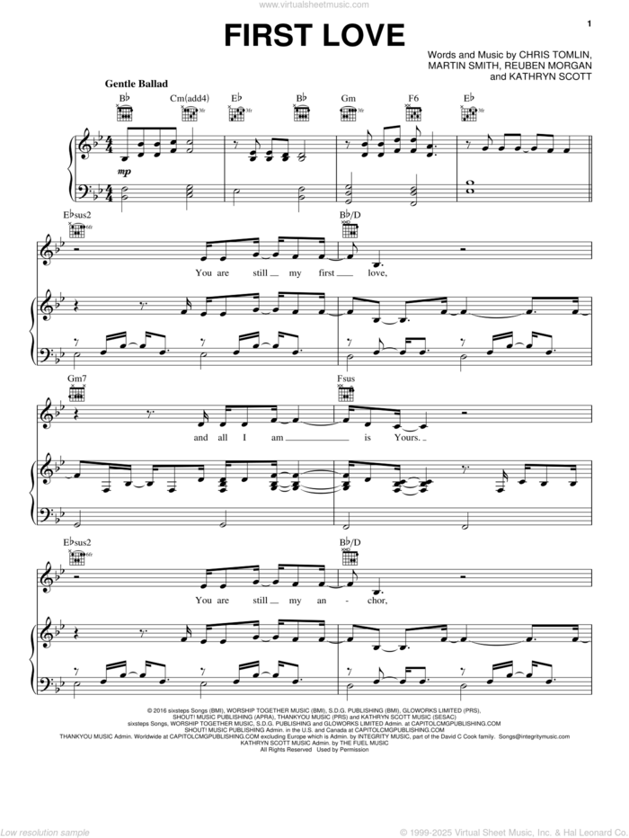 First Love sheet music for voice, piano or guitar by Chris Tomlin feat. Kim Walker-Smith, Chris Tomlin, Kathryn Scott, Martin Smith and Reuben Morgan, intermediate skill level