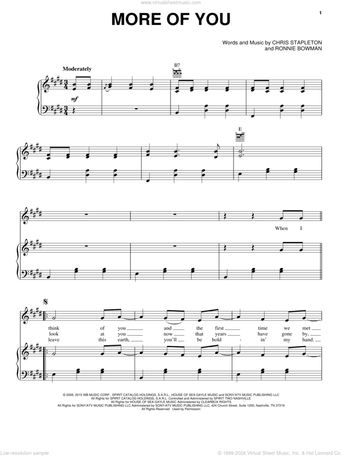 More Of You sheet music for voice, piano or guitar by Chris Stapleton and Ronnie Bowman, intermediate skill level