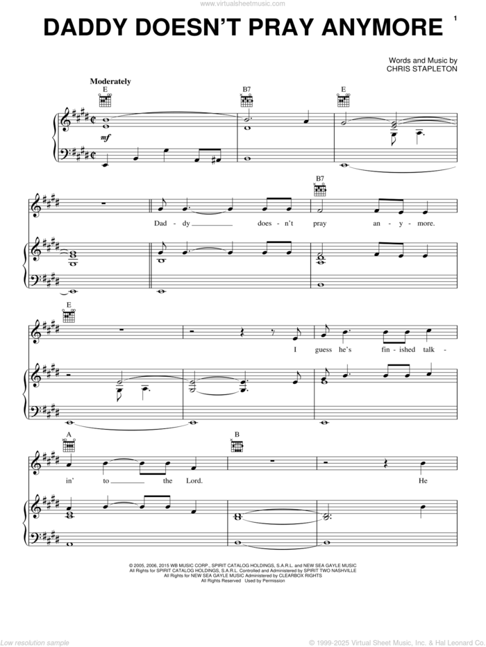 Daddy Doesn't Pray Anymore sheet music for voice, piano or guitar by Chris Stapleton, intermediate skill level