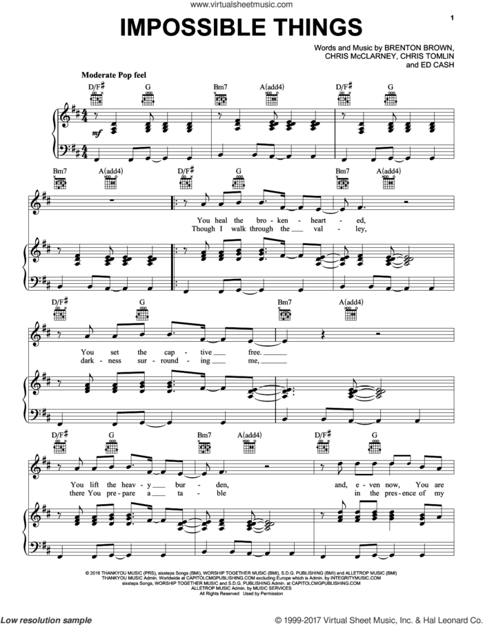 Impossible Things sheet music for voice, piano or guitar by Chris Tomlin feat. Danny Gokey, Brenton Brown, Chris McClarney, Chris Tomlin and Ed Cash, intermediate skill level