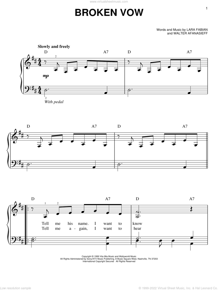 Broken Vow sheet music for piano solo by Josh Groban, Lara Fabian and Walter Afanasieff, easy skill level