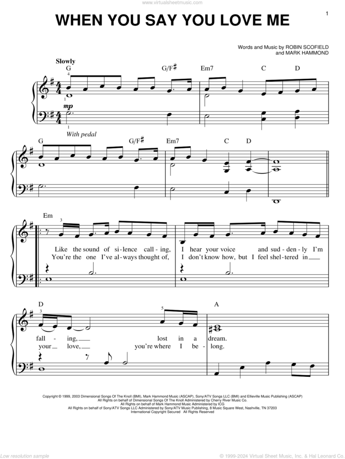 When You Say You Love Me sheet music for piano solo by Josh Groban, Mark Hammond and Robin Scoffield, wedding score, easy skill level