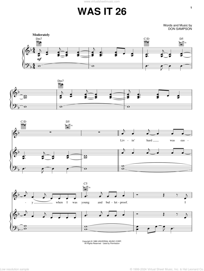 Was It 26 sheet music for voice, piano or guitar by Chris Stapleton and Don Sampson, intermediate skill level