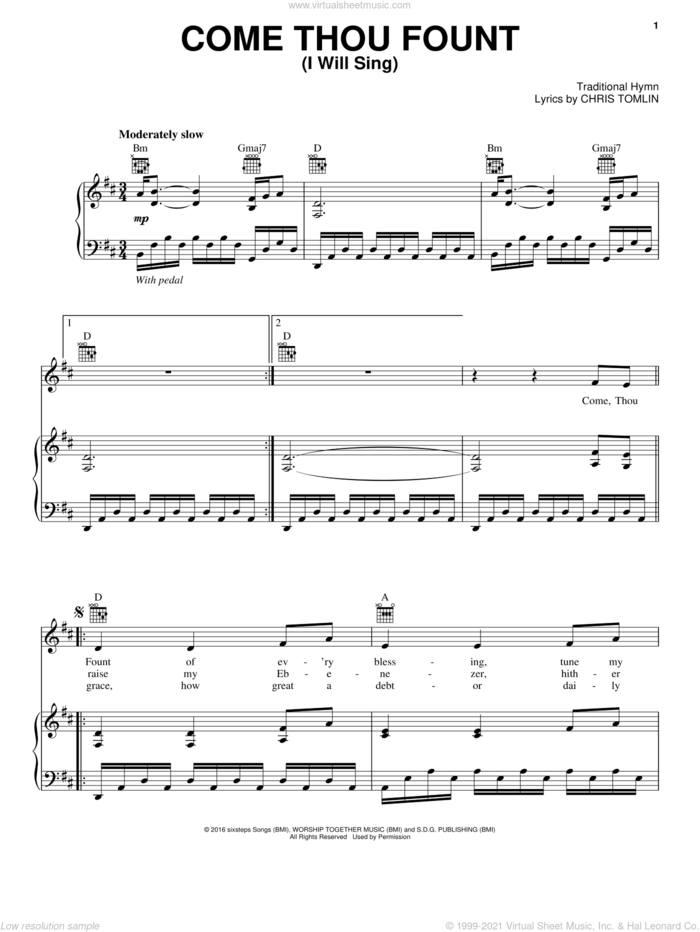 Come Thou Fount (I Will Sing) sheet music for voice, piano or guitar by Chris Tomlin and Traditional Hymn, intermediate skill level
