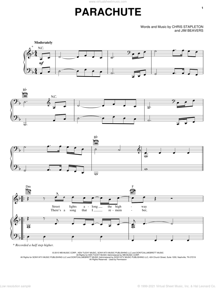 Parachute sheet music for voice, piano or guitar by Chris Stapleton and Jim Beavers, intermediate skill level