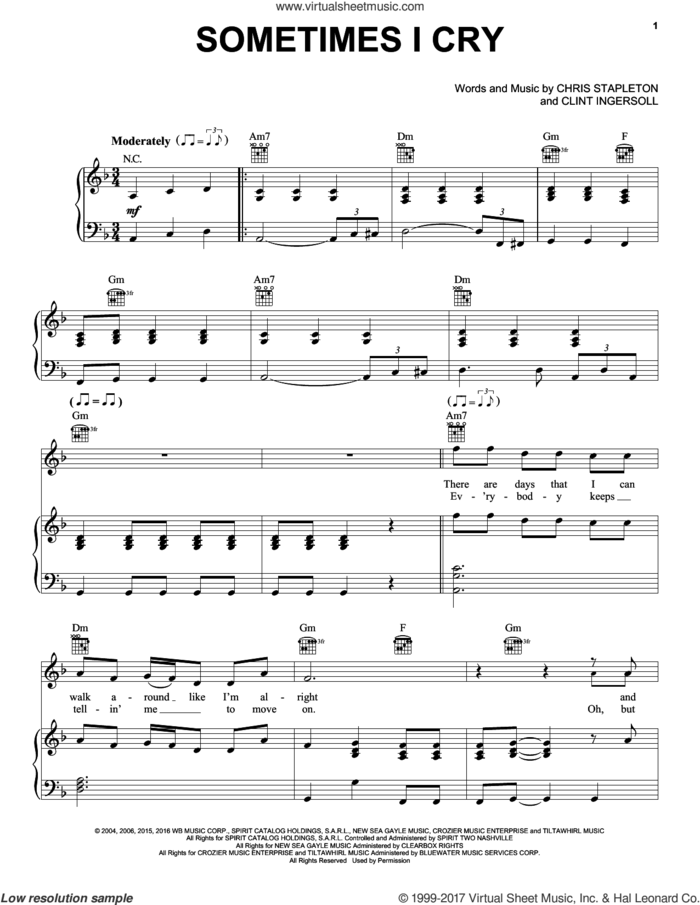 Sometimes I Cry sheet music for voice, piano or guitar by Chris Stapleton and Clint Ingersoll, intermediate skill level