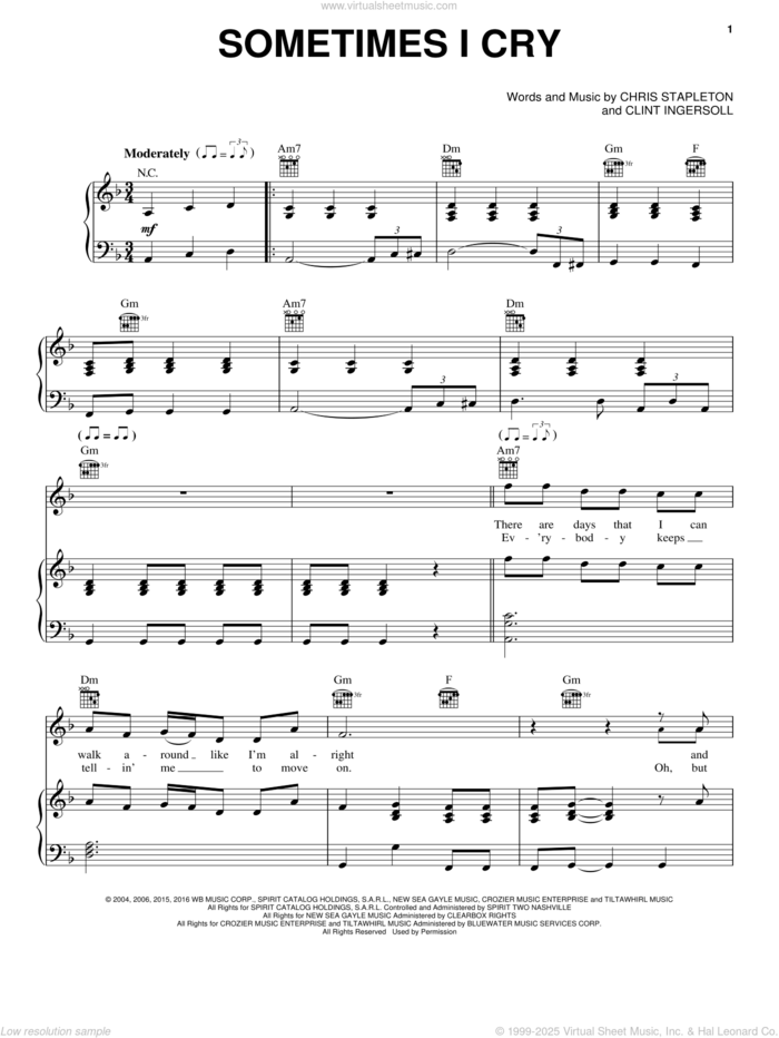 Sometimes I Cry sheet music for voice, piano or guitar by Chris Stapleton and Clint Ingersoll, intermediate skill level