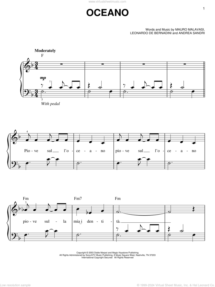 Oceano sheet music for piano solo by Josh Groban, Andrea Sandri, Leonardo De Bernadini and Mauro Malavasi, easy skill level