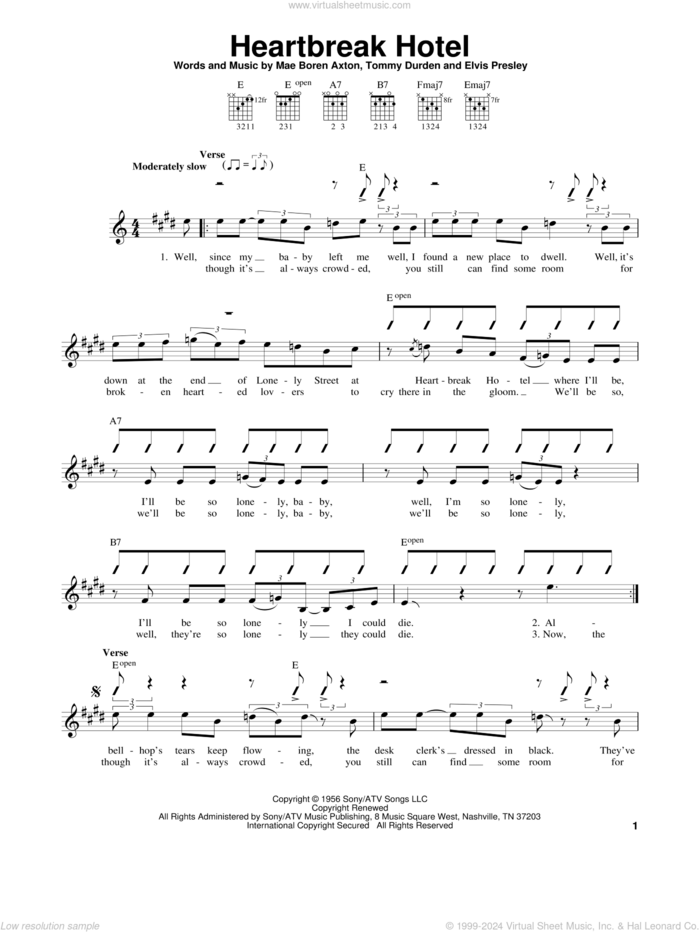 Heartbreak Hotel sheet music for guitar solo (chords) by Elvis Presley, Mae Boren Axton and Tommy Durden, easy guitar (chords)