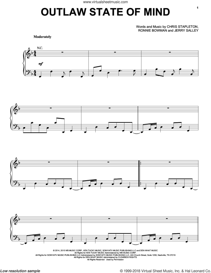 Outlaw State Of Mind sheet music for voice, piano or guitar by Chris Stapleton, Jerry Salley and Ronnie Bowman, intermediate skill level