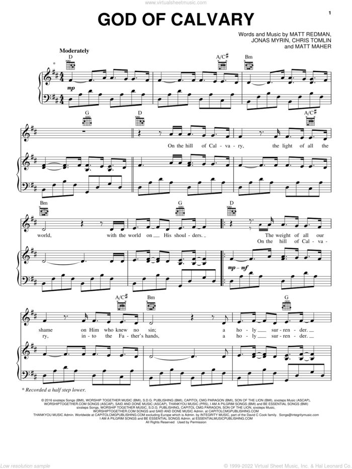 God Of Calvary sheet music for voice, piano or guitar by Chris Tomlin, Jonas Myrin, Matt Maher and Matt Redman, intermediate skill level