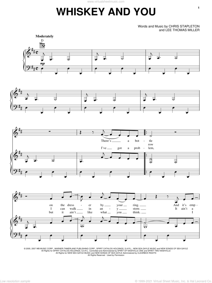 Whiskey And You sheet music for voice, piano or guitar by Chris Stapleton, Tim McGraw and Lee Thomas Miller, intermediate skill level