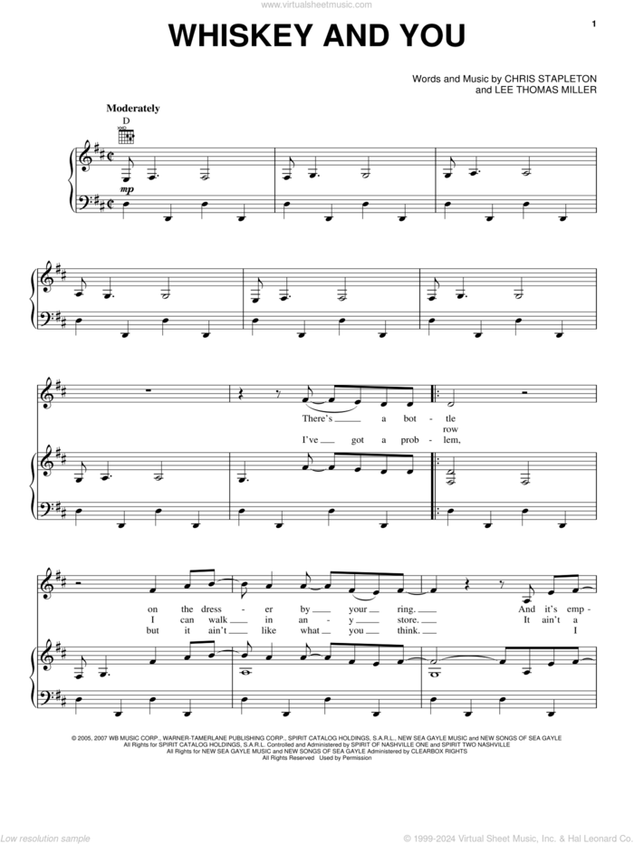 Whiskey And You sheet music for voice, piano or guitar by Chris Stapleton, Tim McGraw and Lee Thomas Miller, intermediate skill level