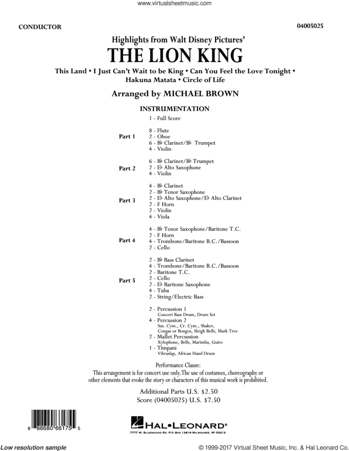 Highlights from The Lion King (COMPLETE) sheet music for concert band by Michael Brown, intermediate skill level