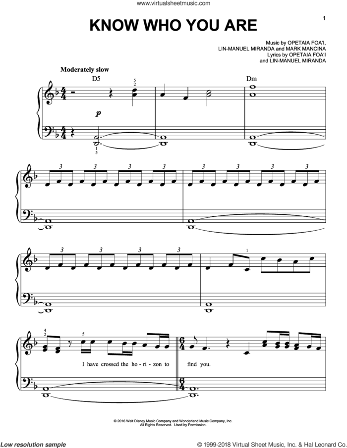 Know Who You Are (from Moana) sheet music for piano solo by Lin-Manuel Miranda and Mark Mancina, easy skill level