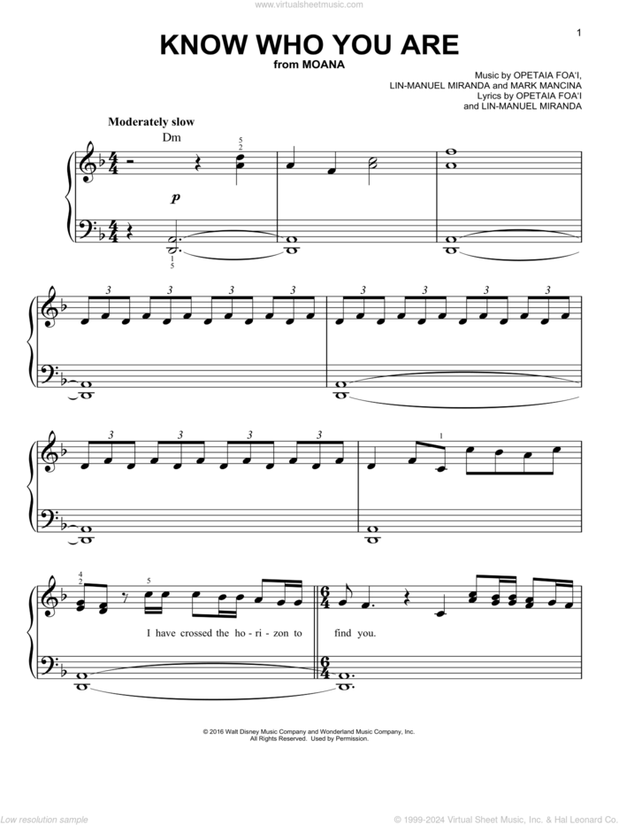 Know Who You Are (from Moana) sheet music for piano solo by Lin-Manuel Miranda and Mark Mancina, easy skill level