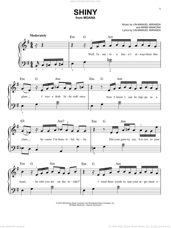 Shiny (from Moana) sheet music for piano solo by Lin-Manuel Miranda and Mark Mancina, easy skill level