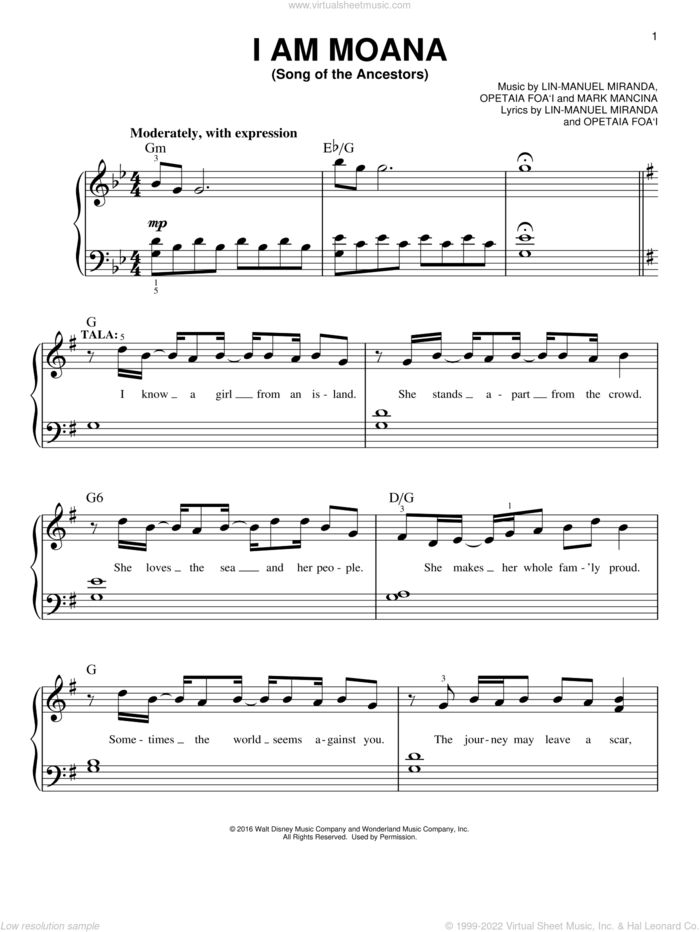 I Am Moana (Song Of The Ancestors) (from Moana) sheet music for piano solo by Lin-Manuel Miranda and Mark Mancina, easy skill level