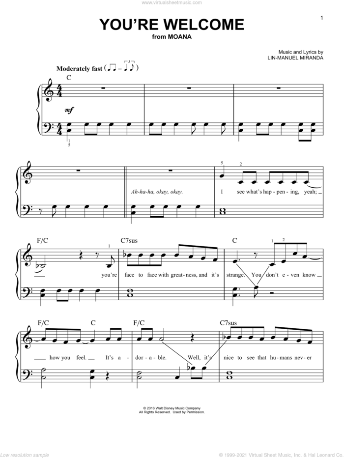 You're Welcome (from Moana) sheet music for piano solo by Lin-Manuel Miranda and Mark Mancina, easy skill level