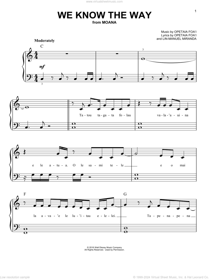 We Know The Way (from Moana) sheet music for piano solo by Lin-Manuel Miranda and Mark Mancina, easy skill level